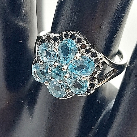 Natural Blue Apatite 5x4mm & Black Spinel 925 Sterling Silver Ring Size 7 - Picture 2 of 11